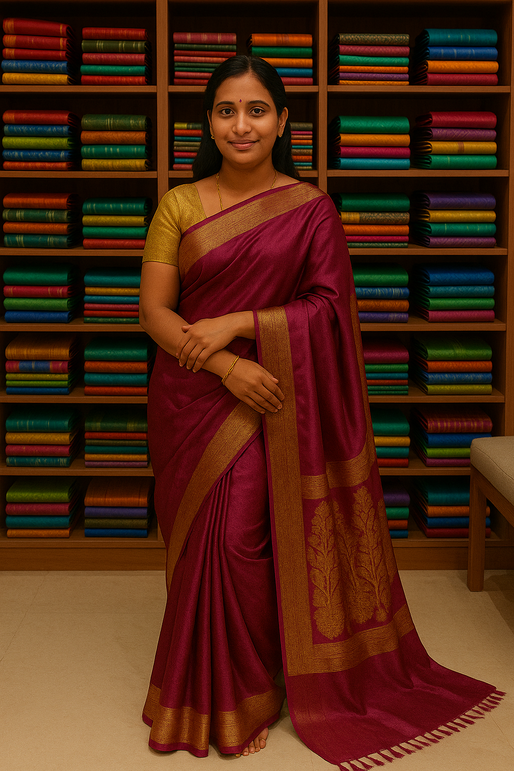 Shop owner standing in boutique surrounded by colorful saree displays, smiling and holding a beautiful silk saree
